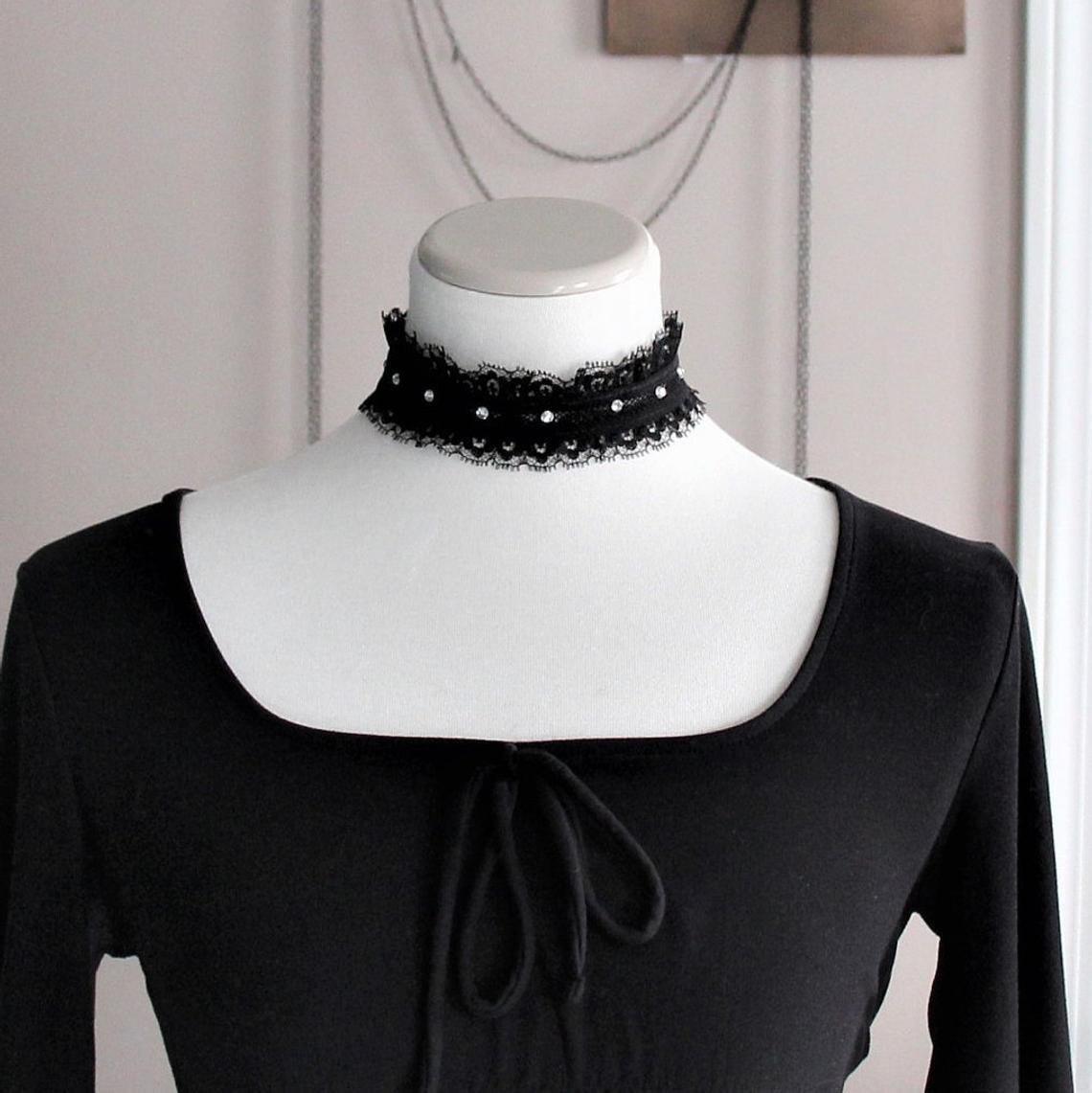 Rhinestone Choker. Black Lace Reversible Choker. Adjustable