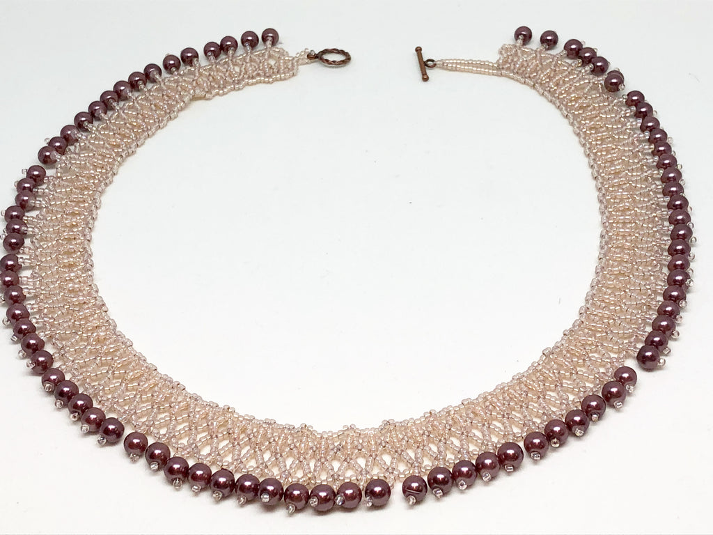 Handmade Pink Mauve Pearl Netting Beadweaving Necklace