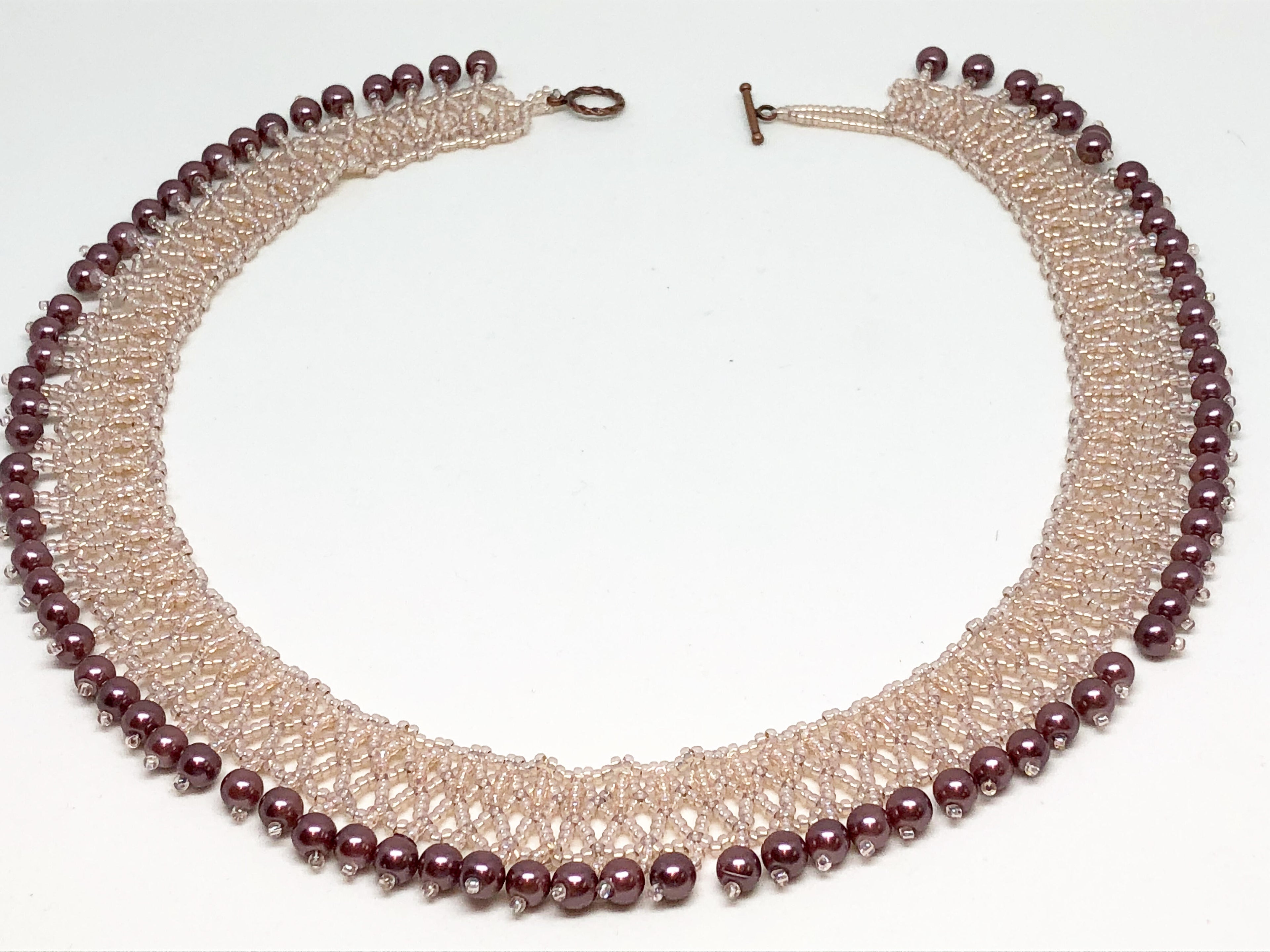 Handmade Pink Mauve Pearl Netting Beadweaving Necklace