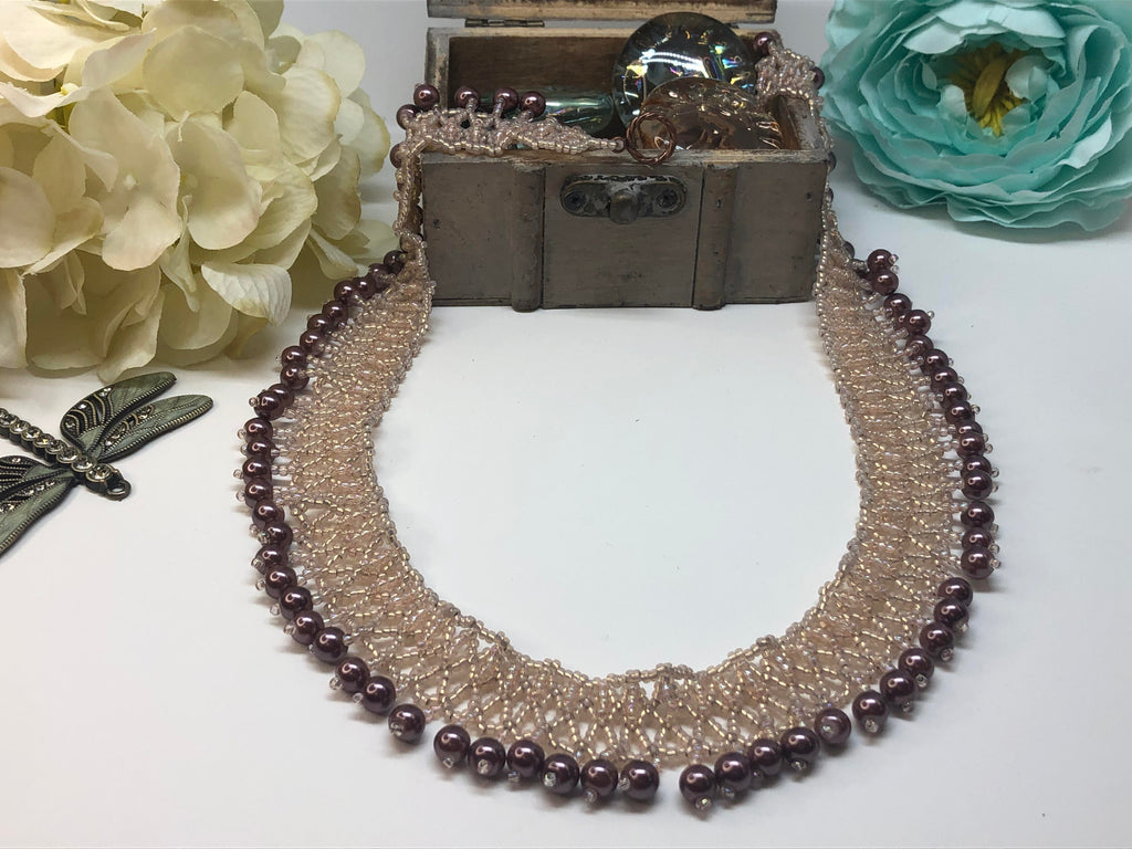 Handmade Pink Mauve Pearl Netting Beadweaving Necklace