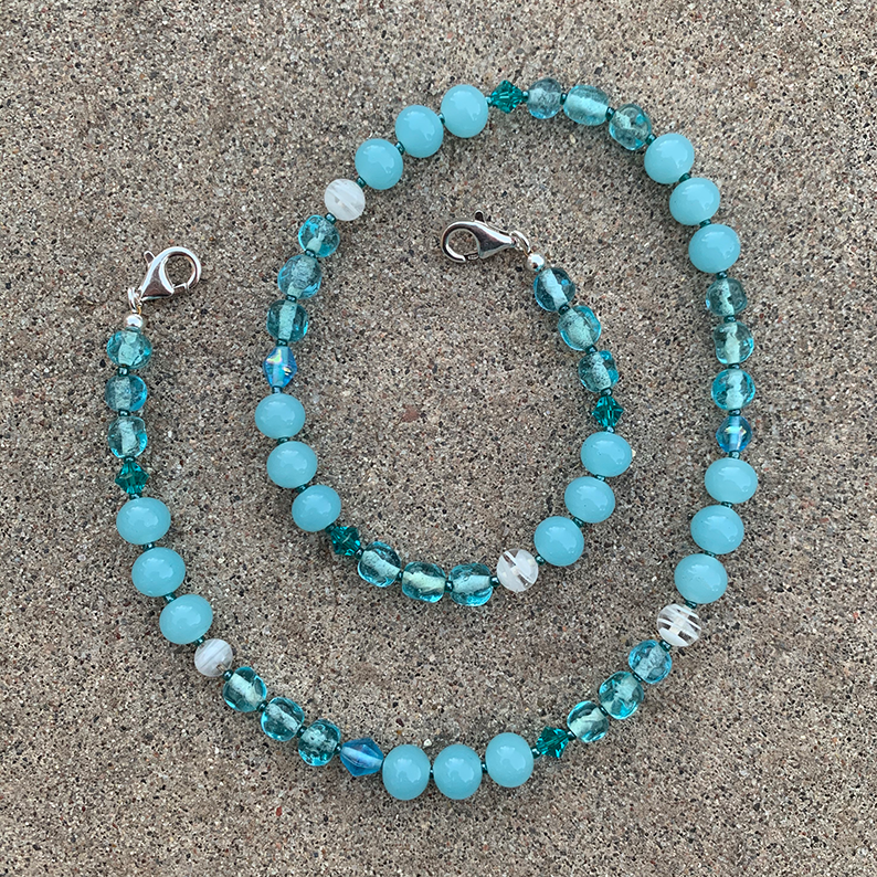 Lanyard/Necklace | OOAK artisan design aqua and white swirled Japanese mid-century glass beads