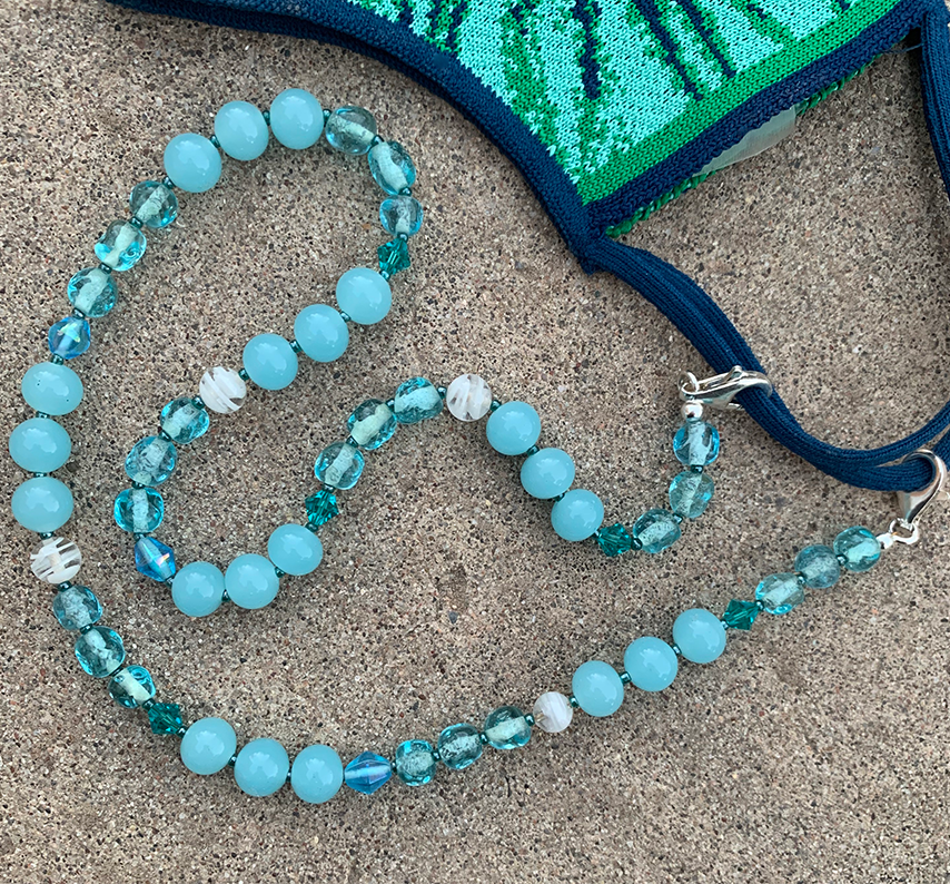 Lanyard/Necklace | OOAK artisan design aqua and white swirled Japanese mid-century glass beads