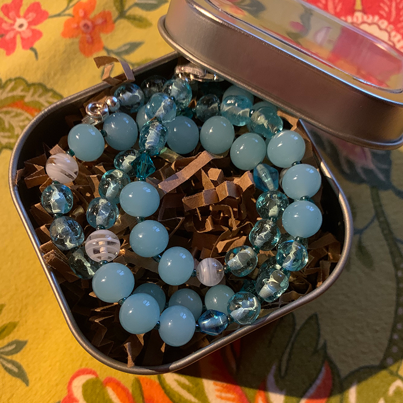Lanyard/Necklace | OOAK artisan design aqua and white swirled Japanese mid-century glass beads