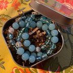 Lanyard/Necklace | OOAK artisan design aqua and white swirled Japanese mid-century glass beads