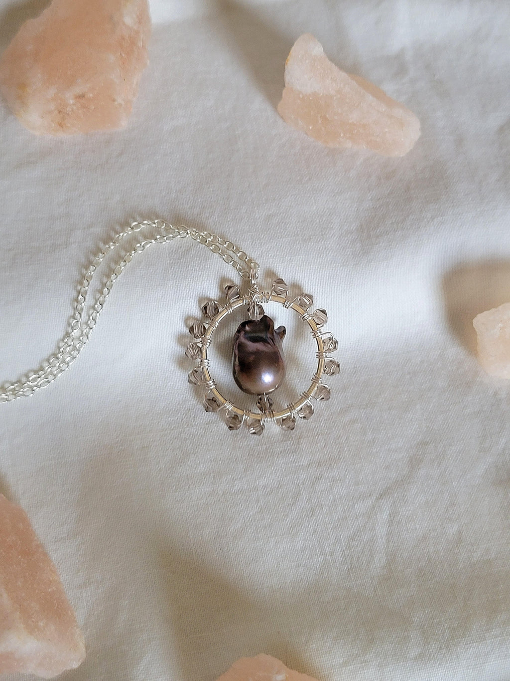 Baroque Pearl and Smokey Gray Bicone Silver Pendant with Thin Chain