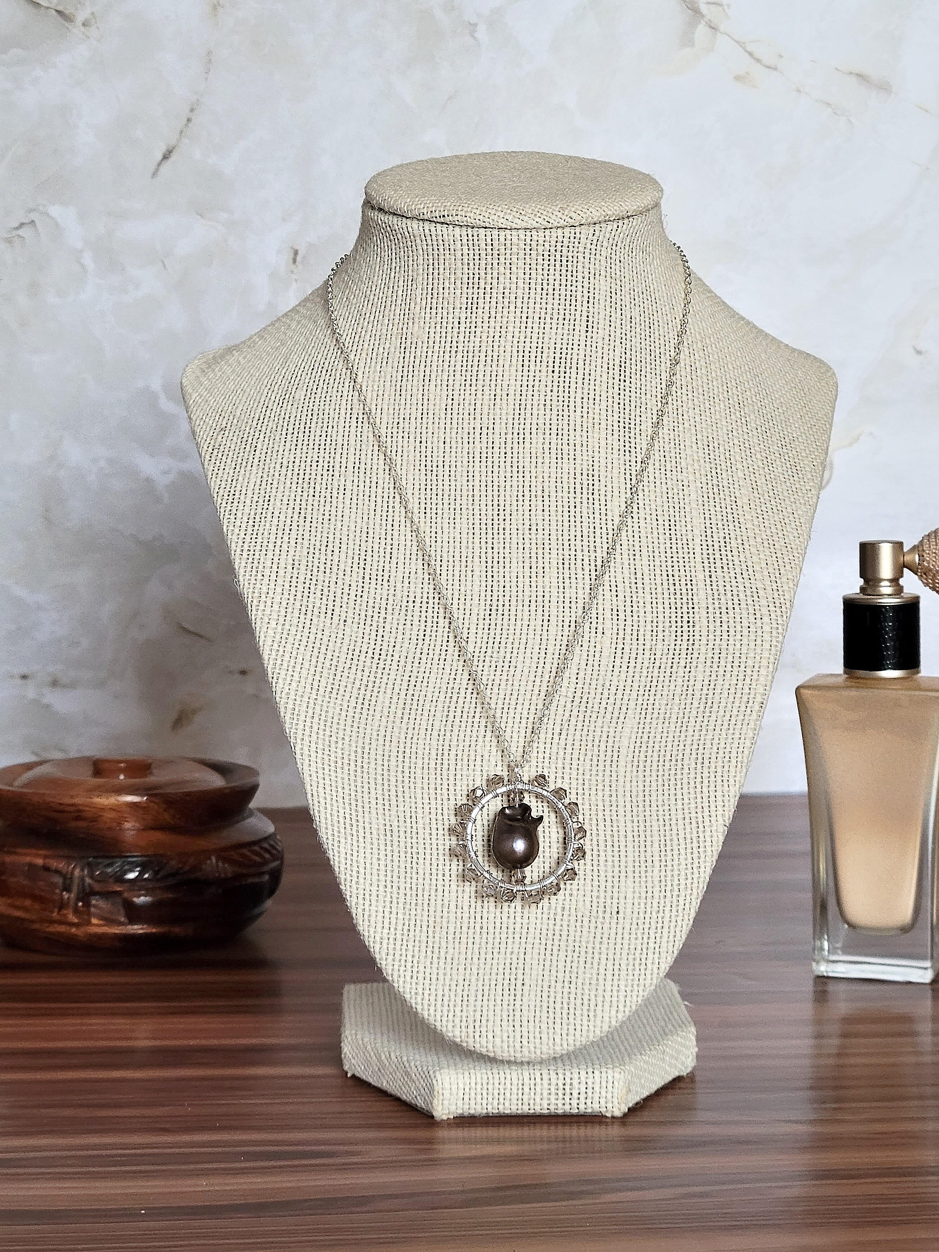 Baroque Pearl and Smokey Gray Bicone Silver Pendant with Thin Chain
