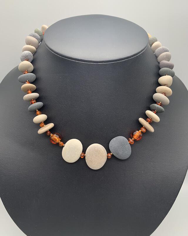 Necklace set | River stones beach pebbles amber nuggets vintage German glass Celtic knot clasp