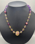 Necklace set | Artisan lampwork rainbow center focal bead, faceted ametrine rounds, amethyst, pearls, crystals
