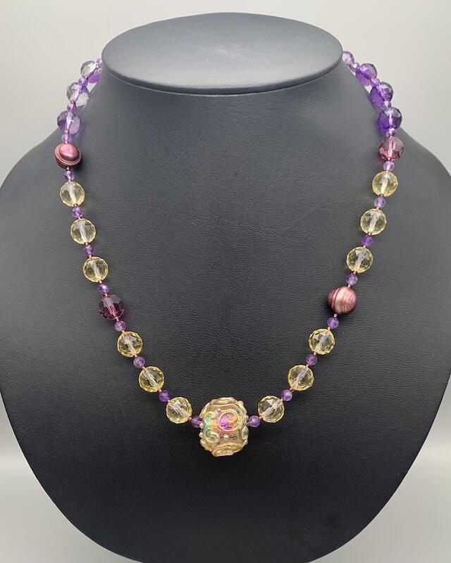 Necklace set | Artisan lampwork rainbow center focal bead, faceted ametrine rounds, amethyst, pearls, crystals