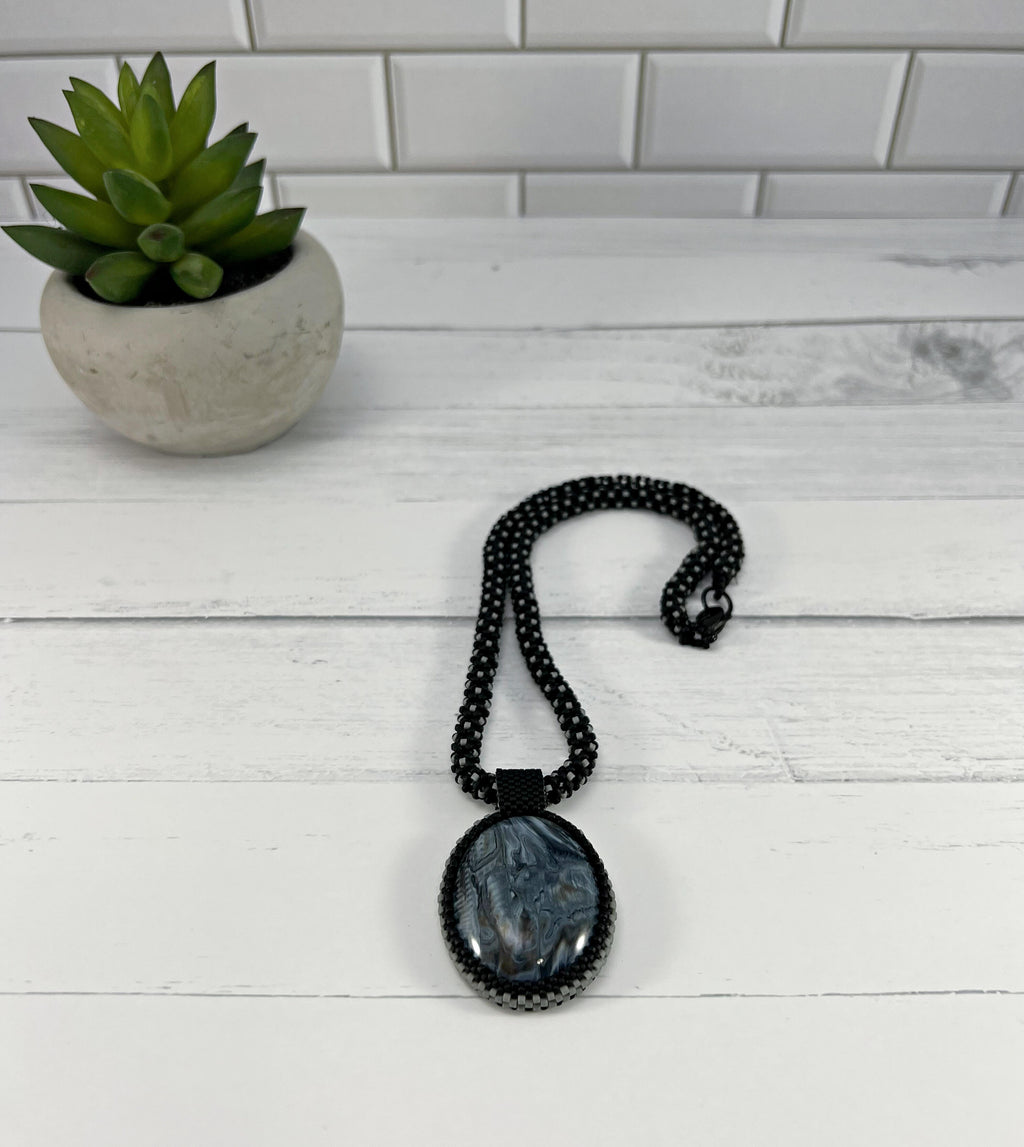 Black and Grey Beaded Necklace with Bead Wrapped Acrylic Pendant, 18 Inch