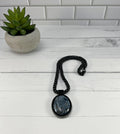 Black and Grey Beaded Necklace with Bead Wrapped Acrylic Pendant, 18 Inch