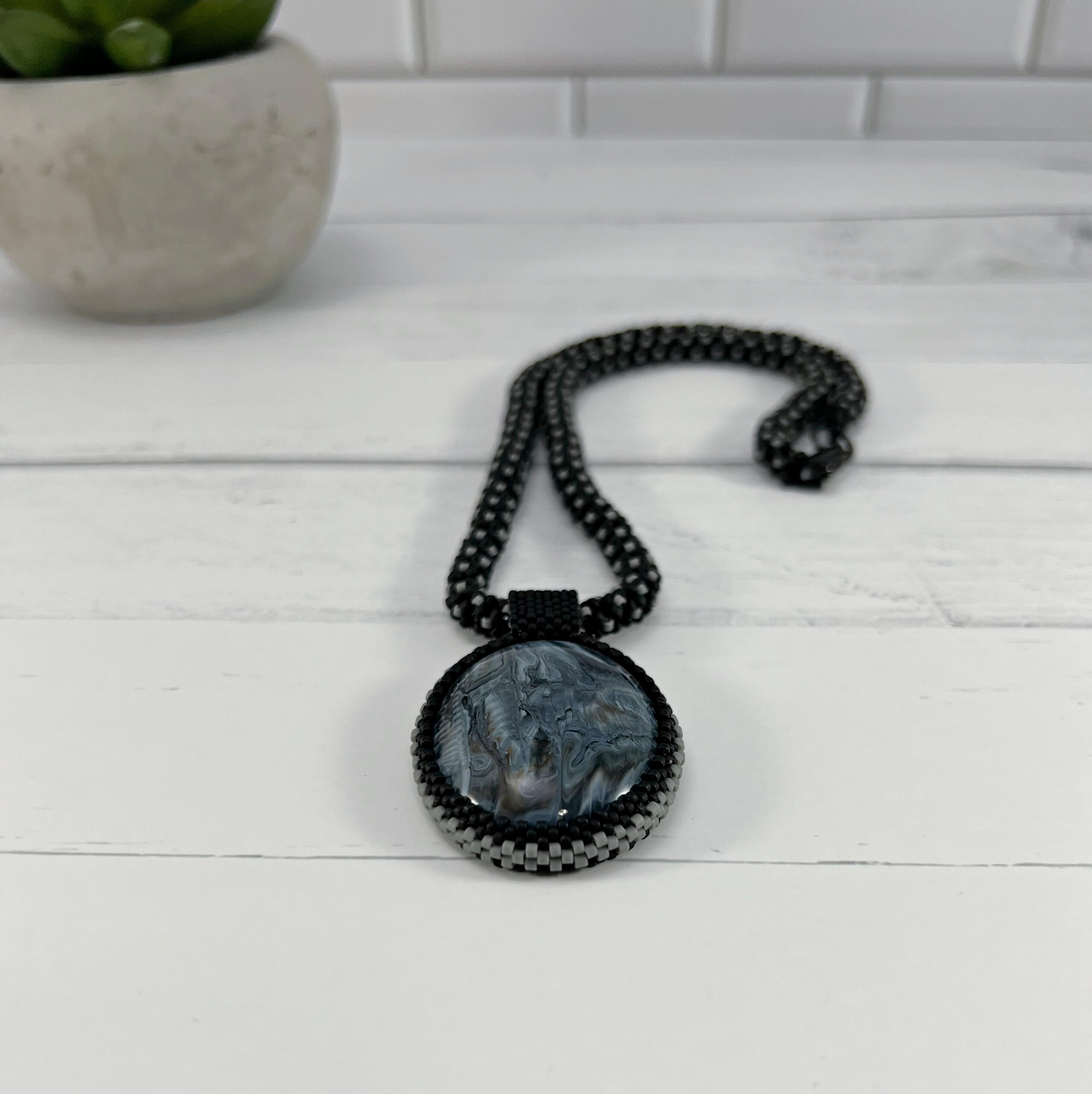 Black and Grey Beaded Necklace with Bead Wrapped Acrylic Pendant, 18 Inch