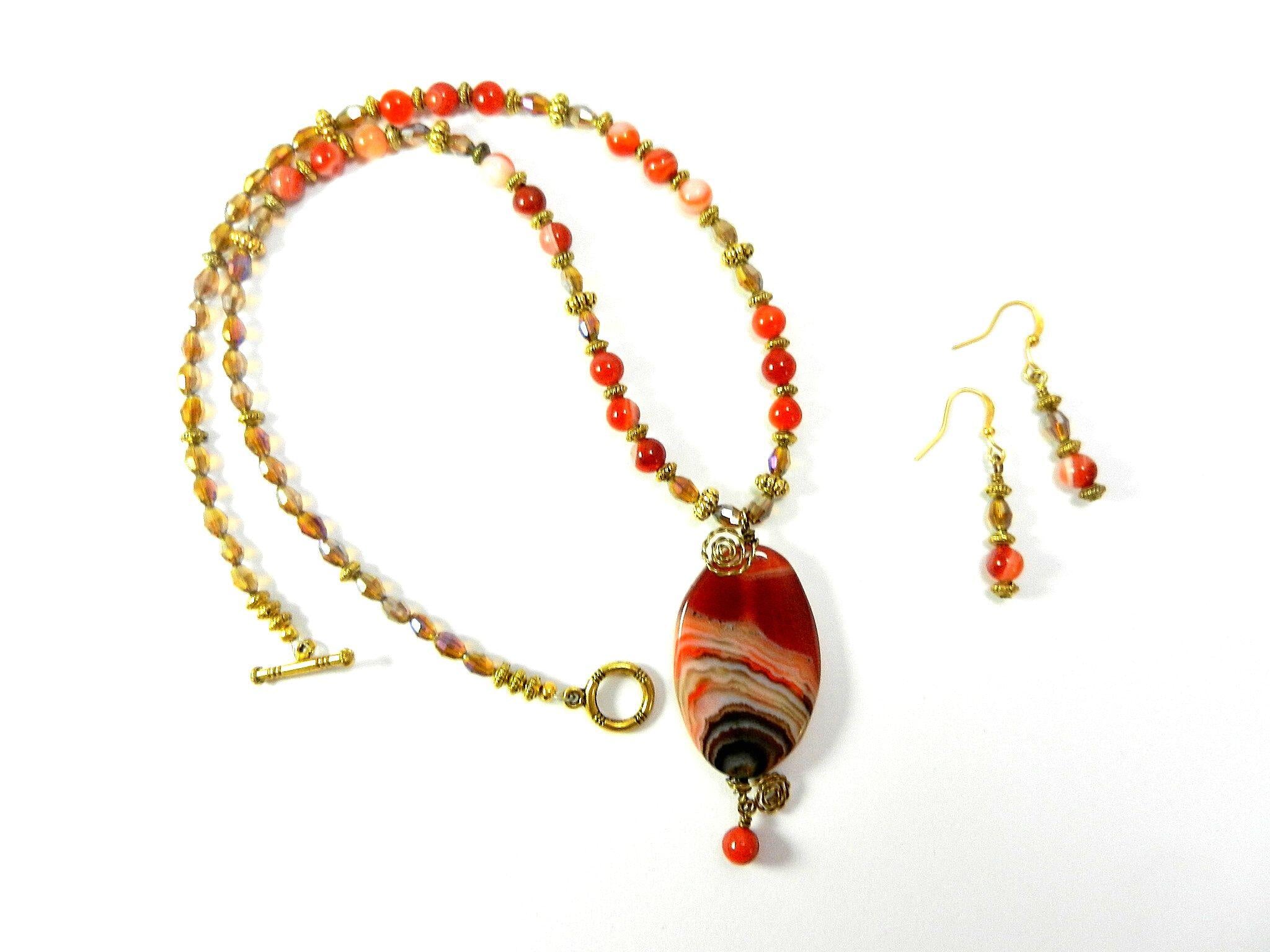 Orange Cream and Black Banded Agate Gemstone Necklace and Matching Earrings