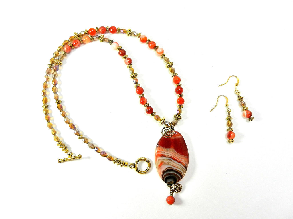 Orange Cream and Black Banded Agate Gemstone Necklace and Matching Earrings
