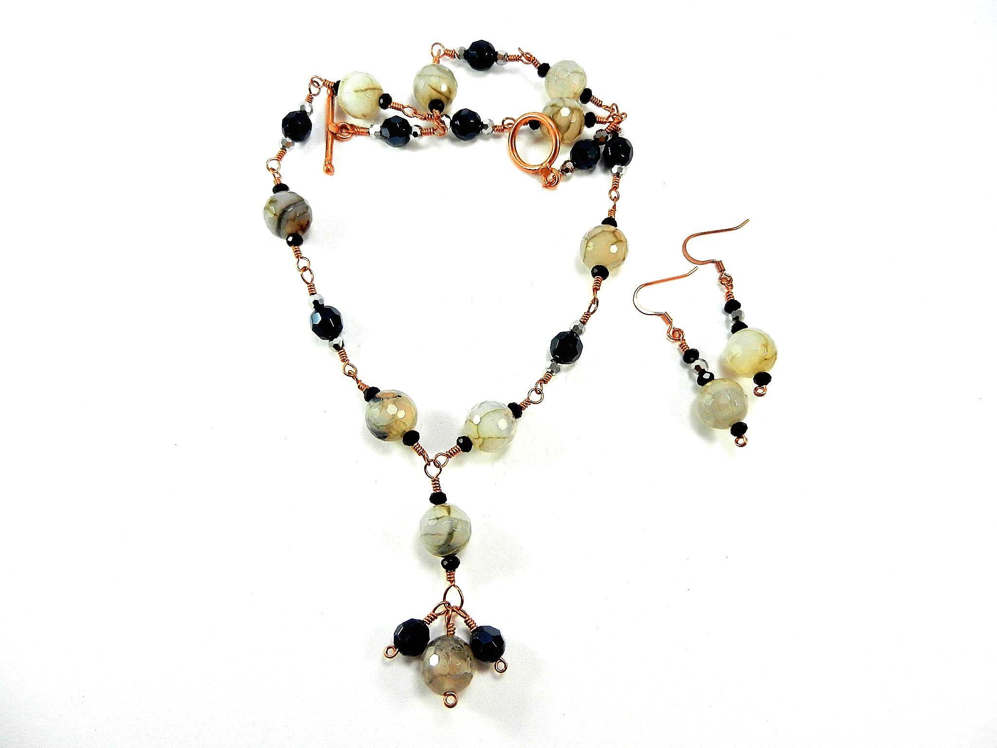 Gray and Black Dragons Vein Agate Gemstone Copper Wire Wrapped Necklace with Matching Earrings