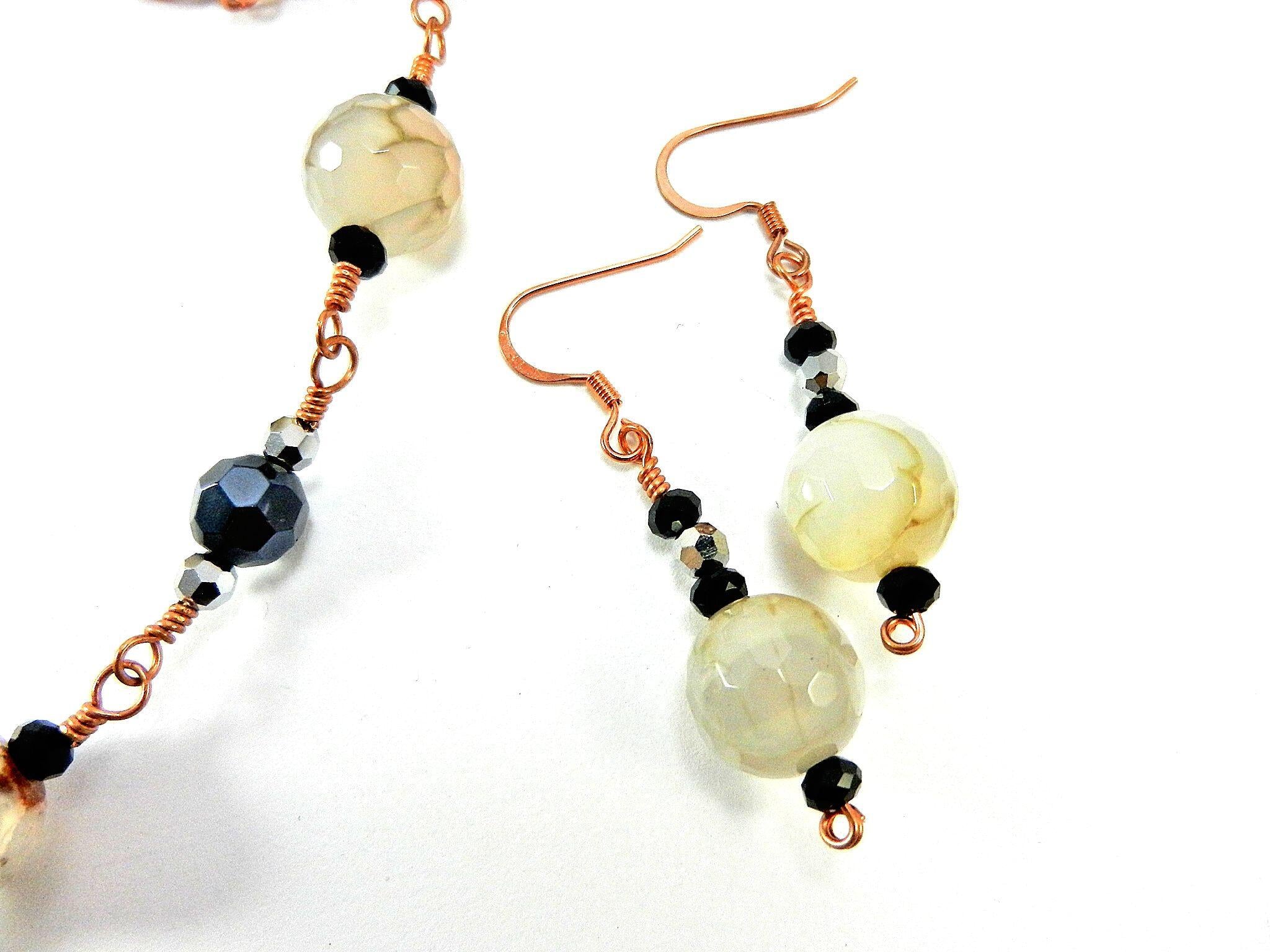 Gray and Black Dragons Vein Agate Gemstone Copper Wire Wrapped Necklace with Matching Earrings