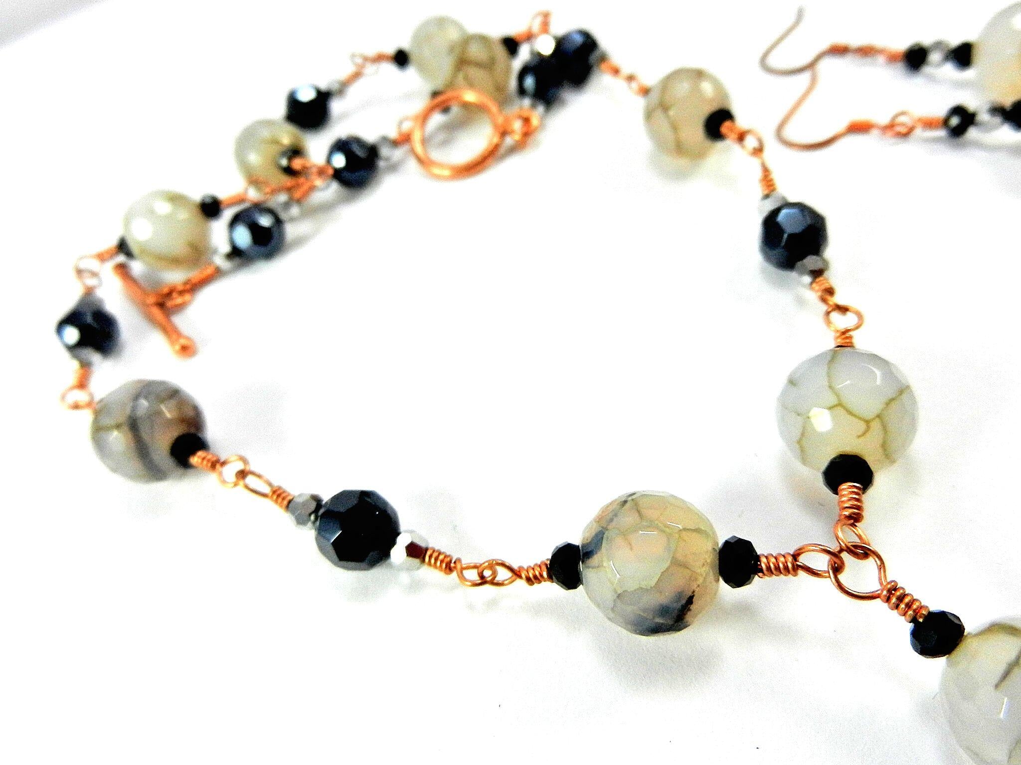 Gray and Black Dragons Vein Agate Gemstone Copper Wire Wrapped Necklace with Matching Earrings