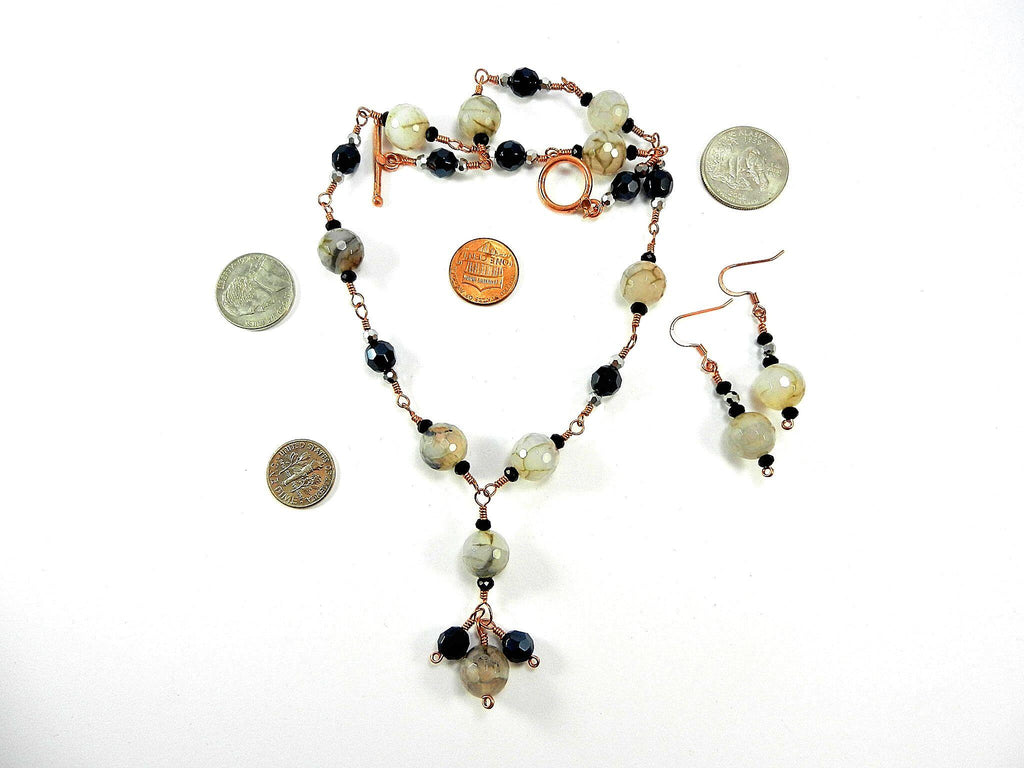 Gray and Black Dragons Vein Agate Gemstone Copper Wire Wrapped Necklace with Matching Earrings