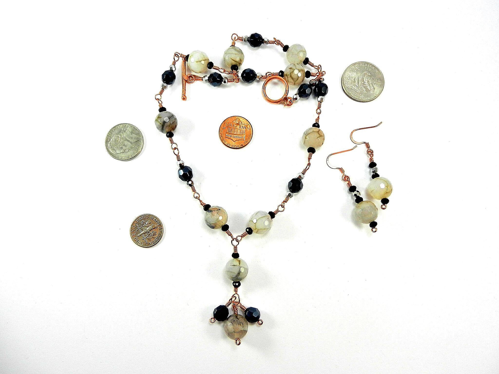 Gray and Black Dragons Vein Agate Gemstone Copper Wire Wrapped Necklace with Matching Earrings