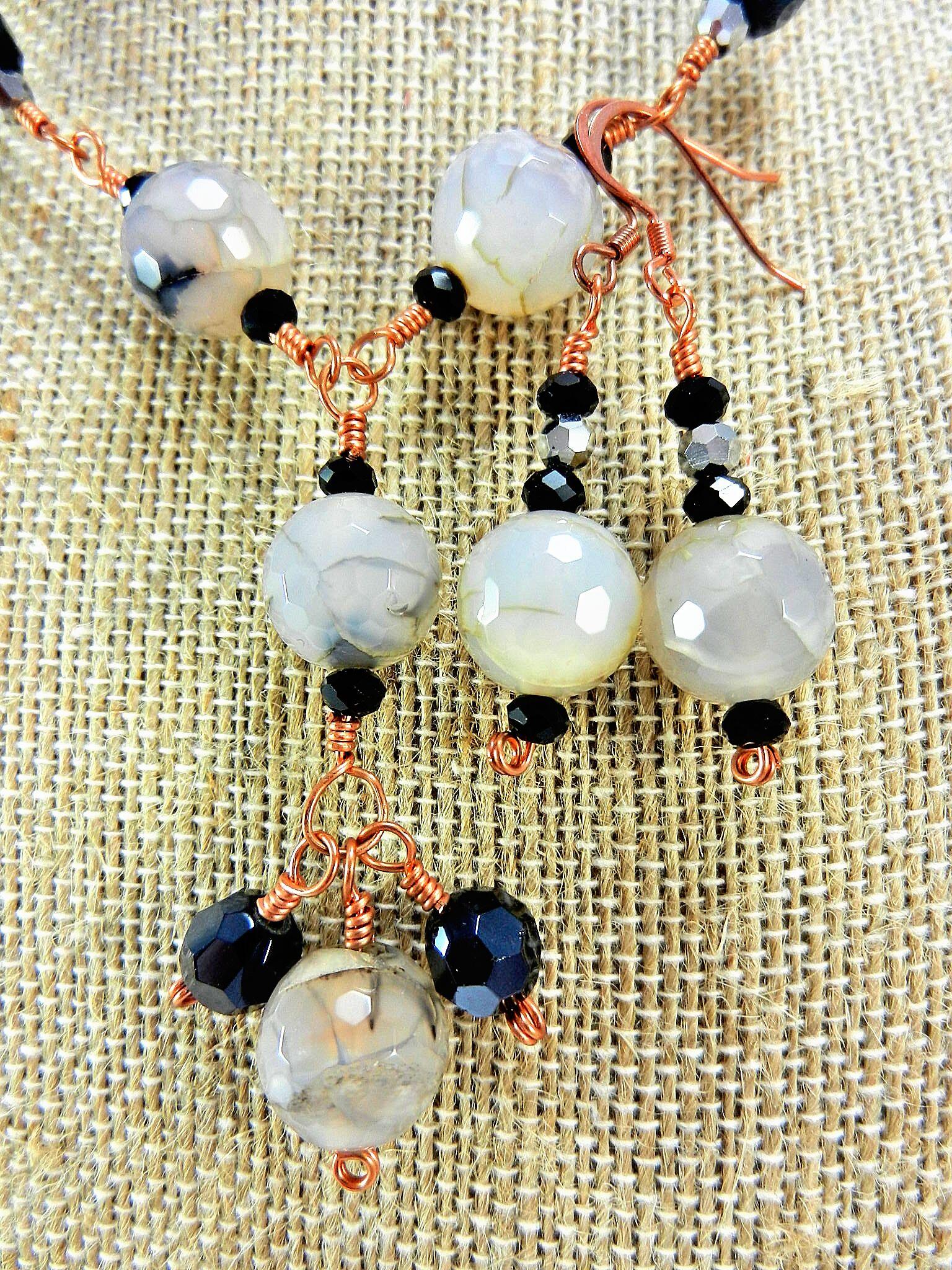 Gray and Black Dragons Vein Agate Gemstone Copper Wire Wrapped Necklace with Matching Earrings