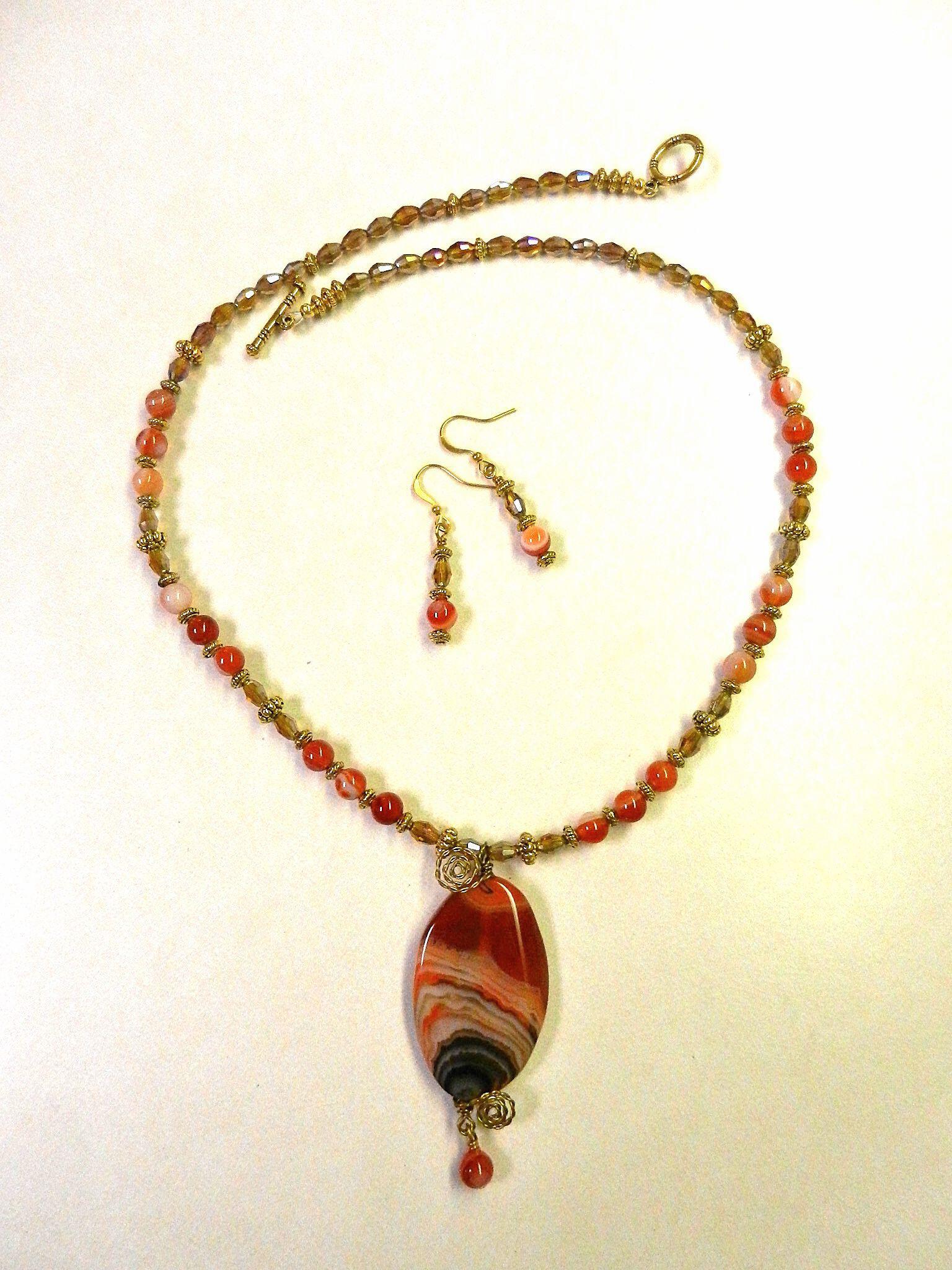 Orange Cream and Black Banded Agate Gemstone Necklace and Matching Earrings