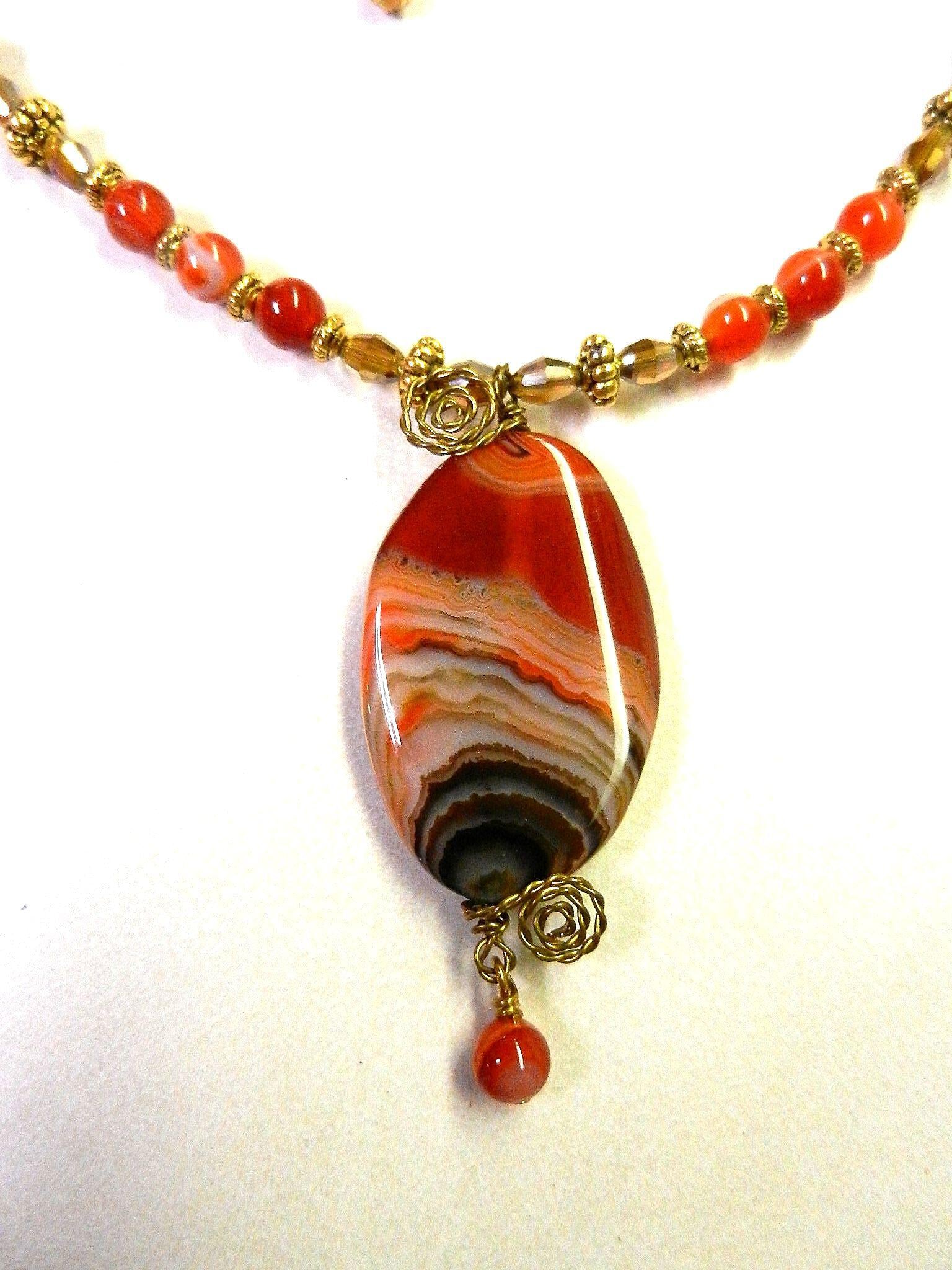 Orange Cream and Black Banded Agate Gemstone Necklace and Matching Earrings