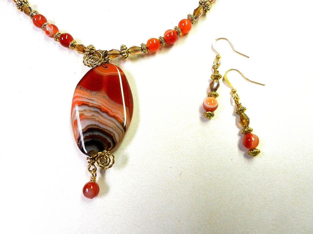 Orange Cream and Black Banded Agate Gemstone Necklace and Matching Earrings