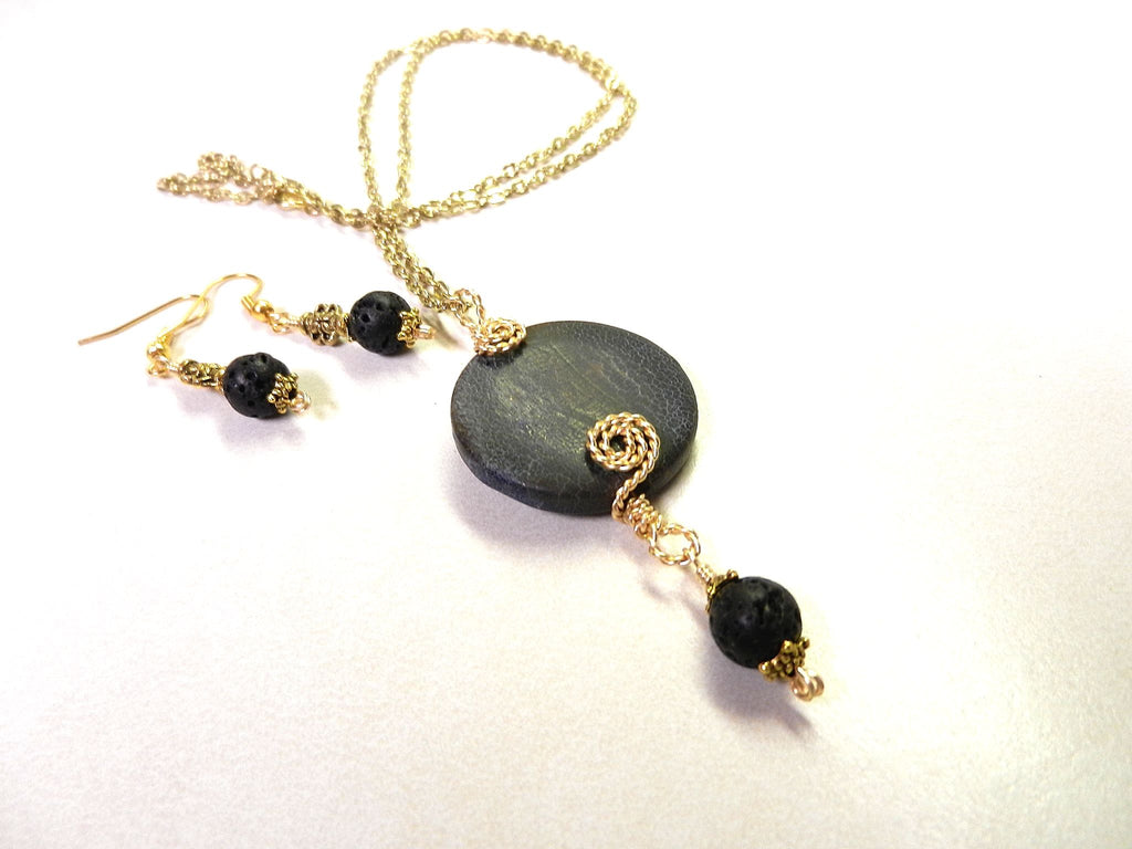 Grey Black Round Agate Gemstone Pendant Necklace Wire Wrapped in Gold Wire with Matching Lava Stone Earrings