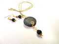 Grey Black Round Agate Gemstone Pendant Necklace Wire Wrapped in Gold Wire with Matching Lava Stone Earrings