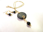 Grey Black Round Agate Gemstone Pendant Necklace Wire Wrapped in Gold Wire with Matching Lava Stone Earrings