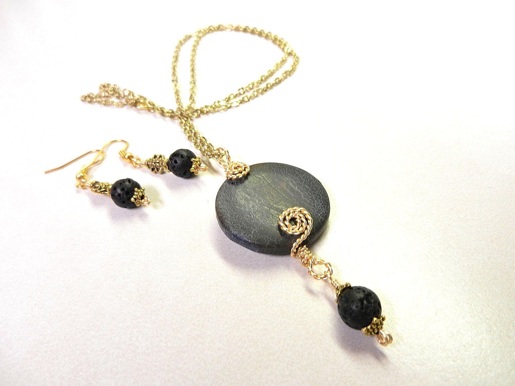 Grey Black Round Agate Gemstone Pendant Necklace Wire Wrapped in Gold Wire with Matching Lava Stone Earrings
