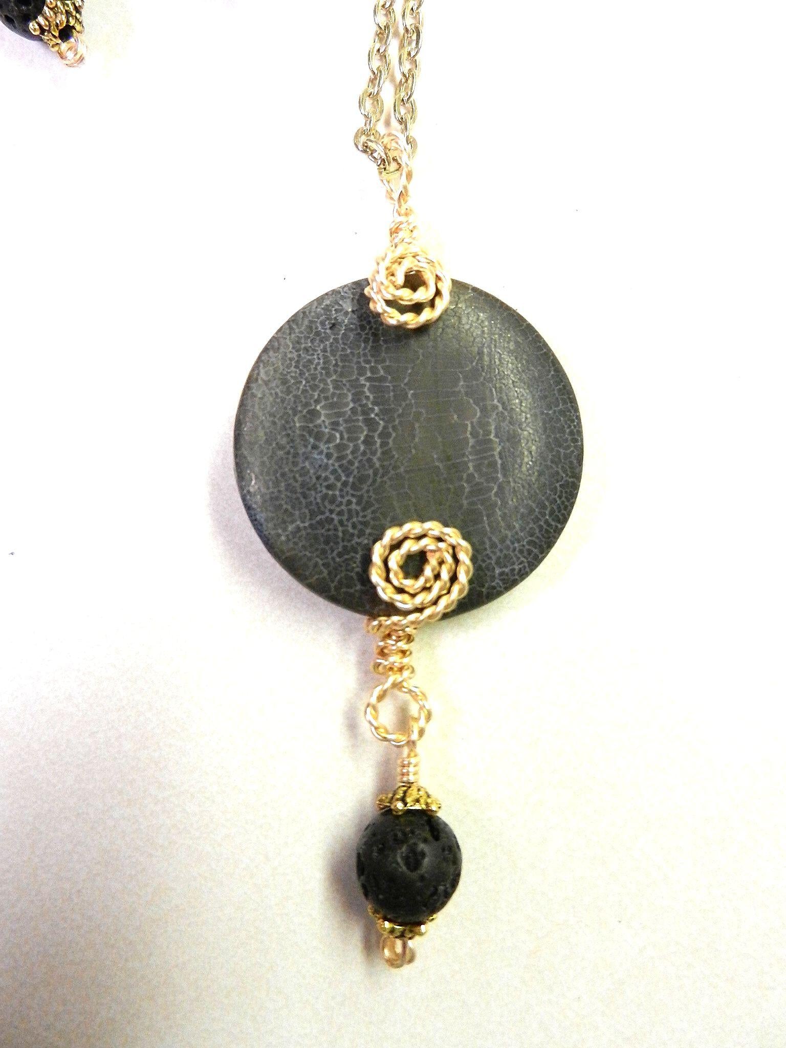Grey Black Round Agate Gemstone Pendant Necklace Wire Wrapped in Gold Wire with Matching Lava Stone Earrings