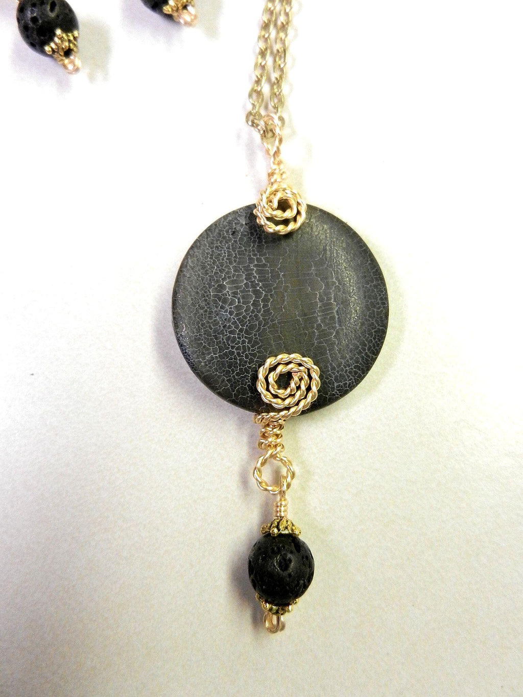 Grey Black Round Agate Gemstone Pendant Necklace Wire Wrapped in Gold Wire with Matching Lava Stone Earrings
