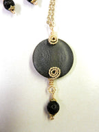 Grey Black Round Agate Gemstone Pendant Necklace Wire Wrapped in Gold Wire with Matching Lava Stone Earrings