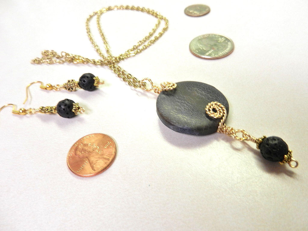 Grey Black Round Agate Gemstone Pendant Necklace Wire Wrapped in Gold Wire with Matching Lava Stone Earrings