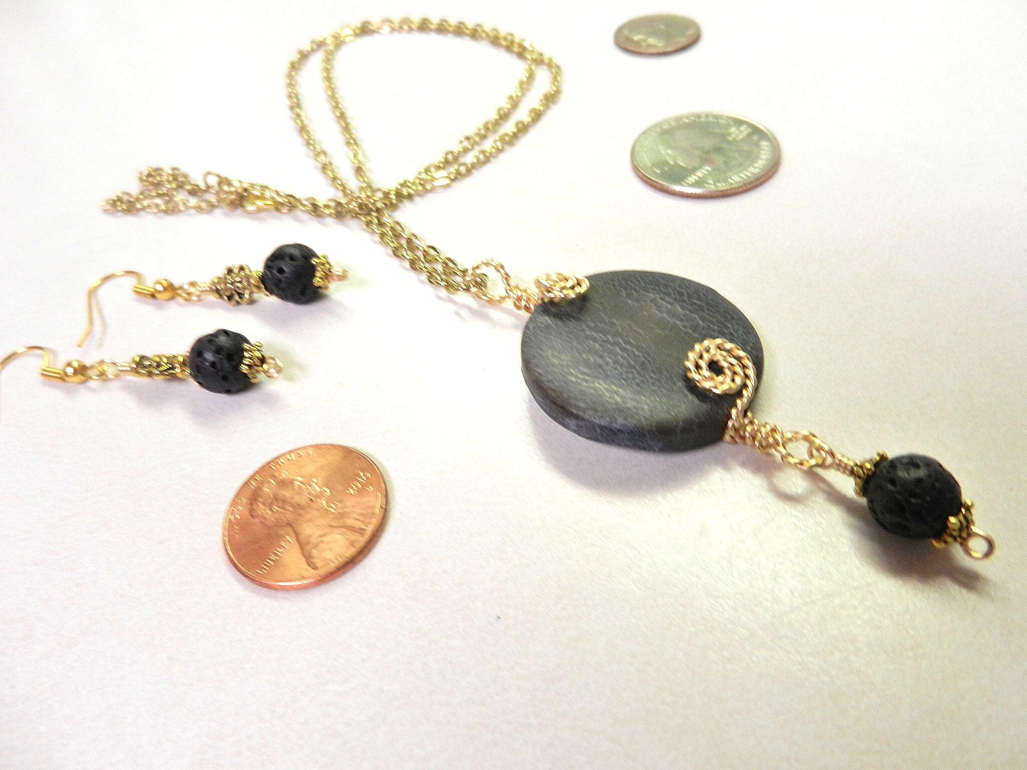 Grey Black Round Agate Gemstone Pendant Necklace Wire Wrapped in Gold Wire with Matching Lava Stone Earrings