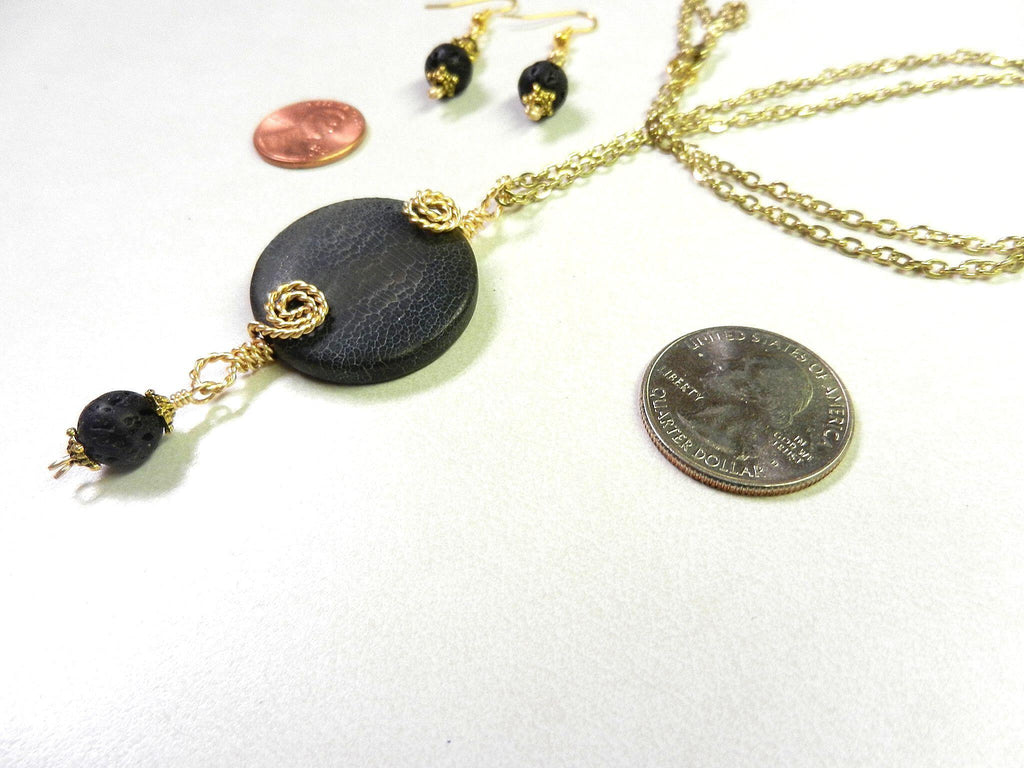 Grey Black Round Agate Gemstone Pendant Necklace Wire Wrapped in Gold Wire with Matching Lava Stone Earrings