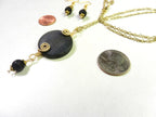Grey Black Round Agate Gemstone Pendant Necklace Wire Wrapped in Gold Wire with Matching Lava Stone Earrings