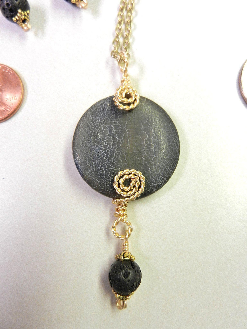Grey Black Round Agate Gemstone Pendant Necklace Wire Wrapped in Gold Wire with Matching Lava Stone Earrings