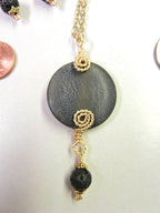 Grey Black Round Agate Gemstone Pendant Necklace Wire Wrapped in Gold Wire with Matching Lava Stone Earrings