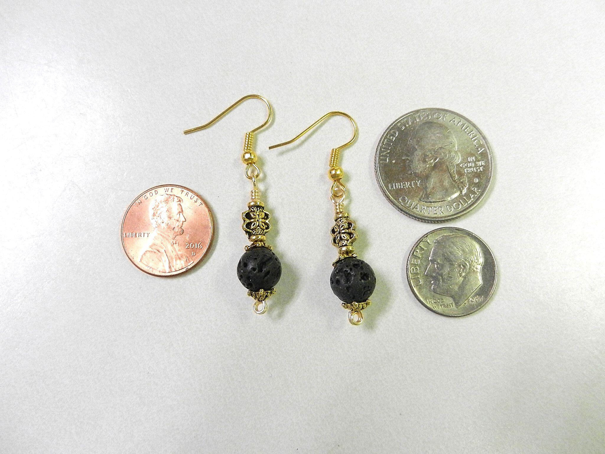 Grey Black Round Agate Gemstone Pendant Necklace Wire Wrapped in Gold Wire with Matching Lava Stone Earrings