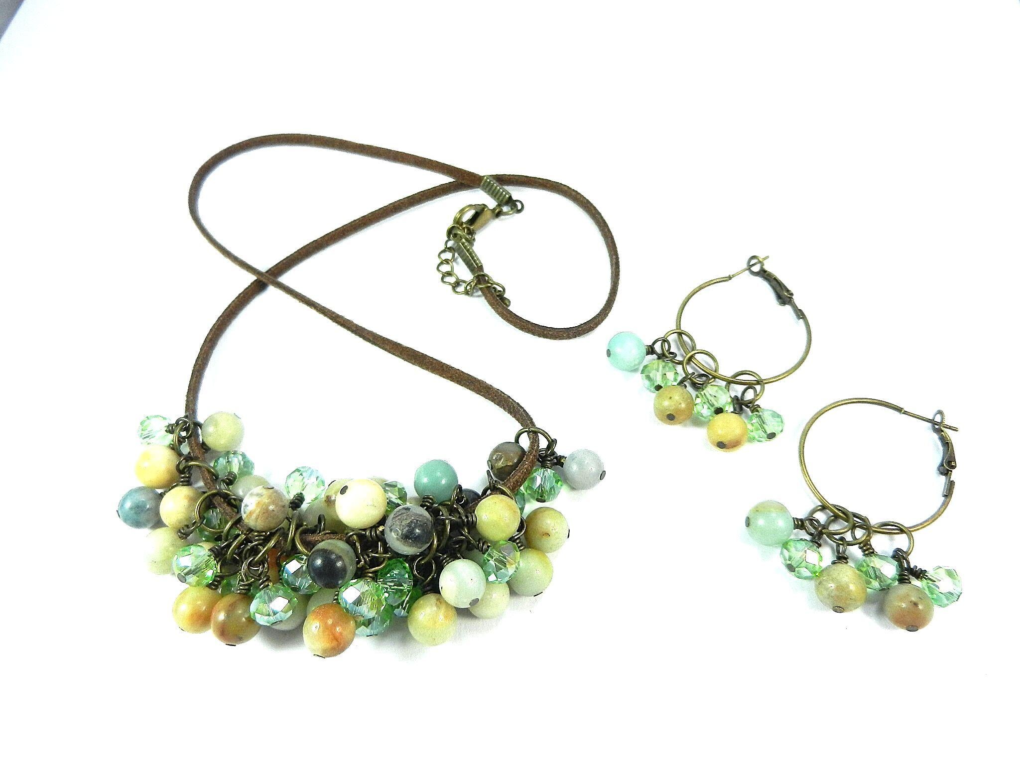 Brown Leather Necklace with Amazonite Gemstone Beads and Matching Earrings