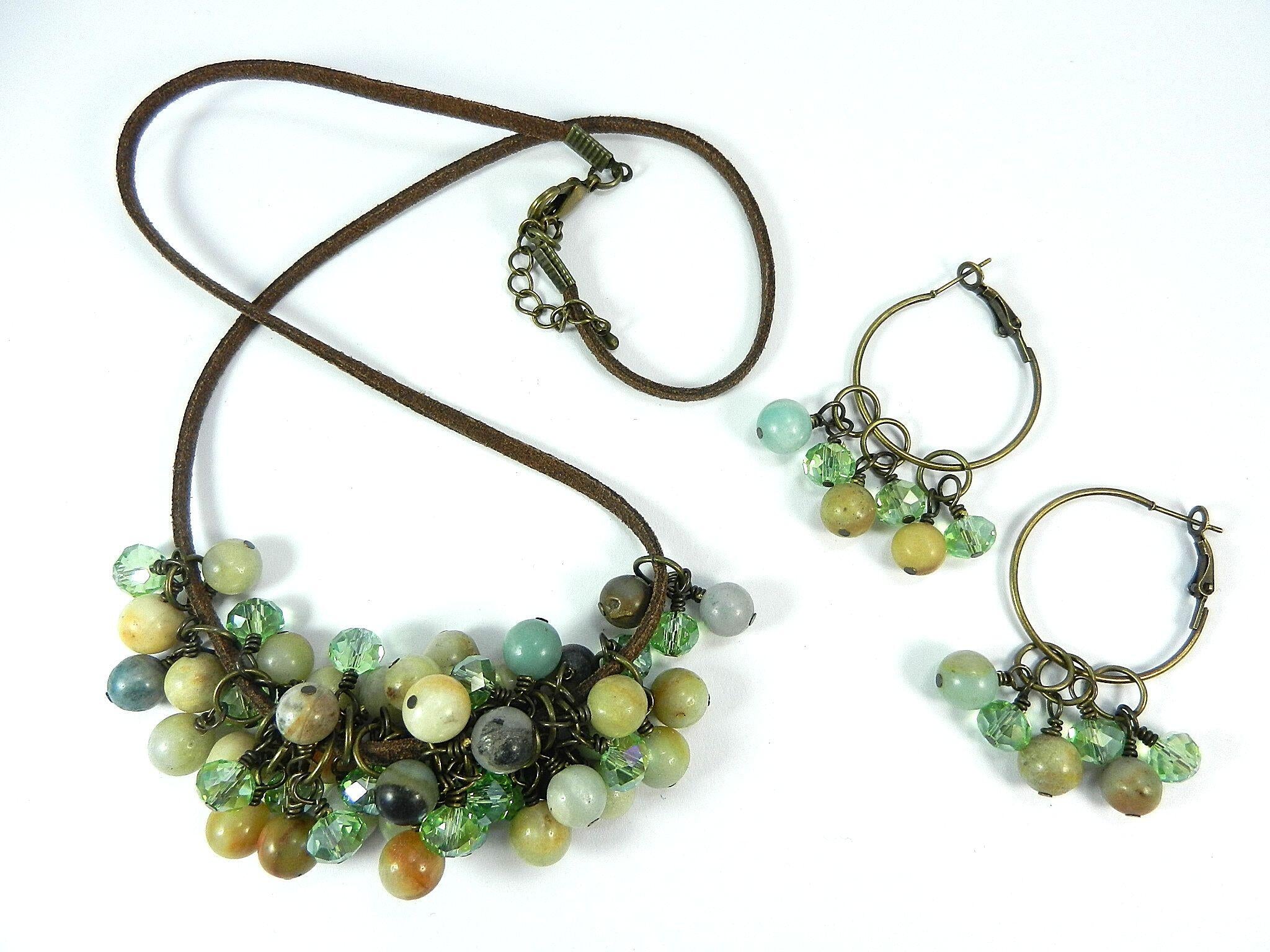 Brown Leather Necklace with Amazonite Gemstone Beads and Matching Earrings