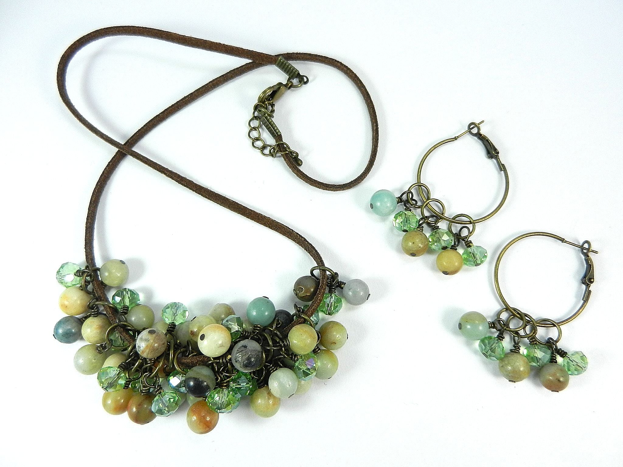 Brown Leather Necklace with Amazonite Gemstone Beads and Matching Earrings