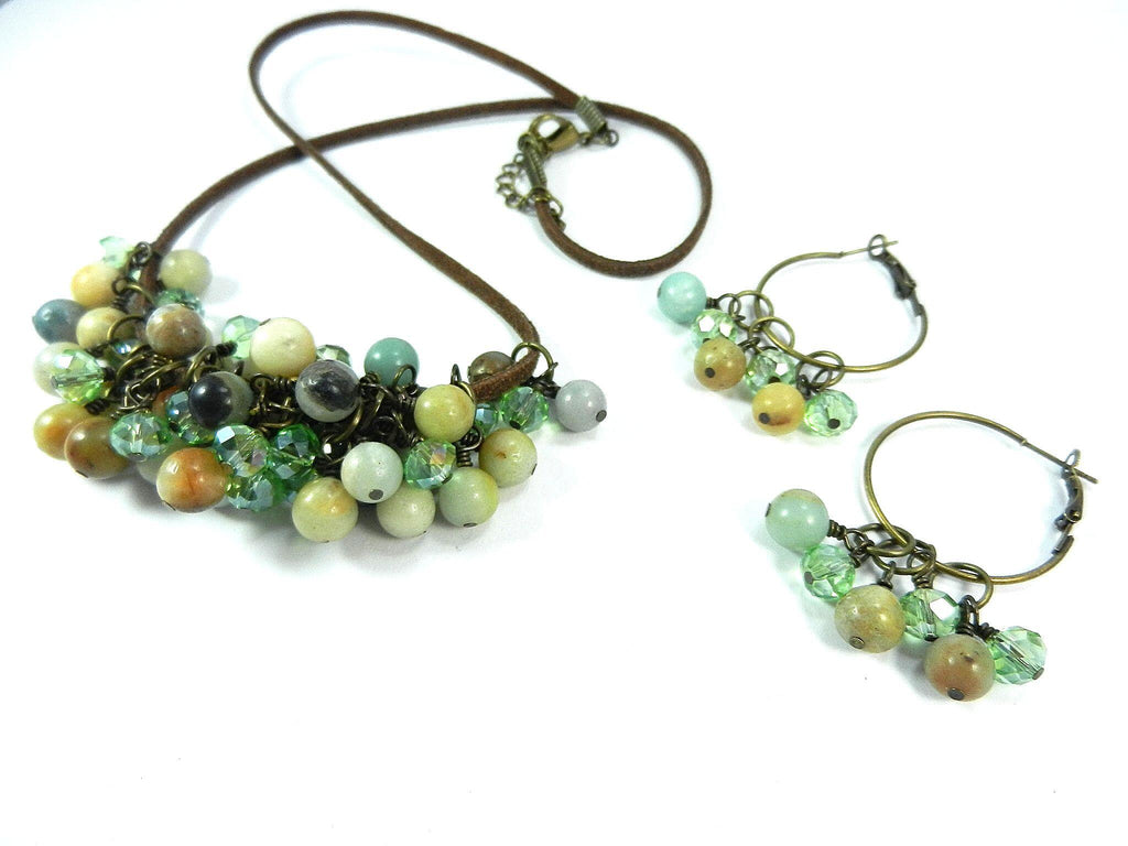 Brown Leather Necklace with Amazonite Gemstone Beads and Matching Earrings