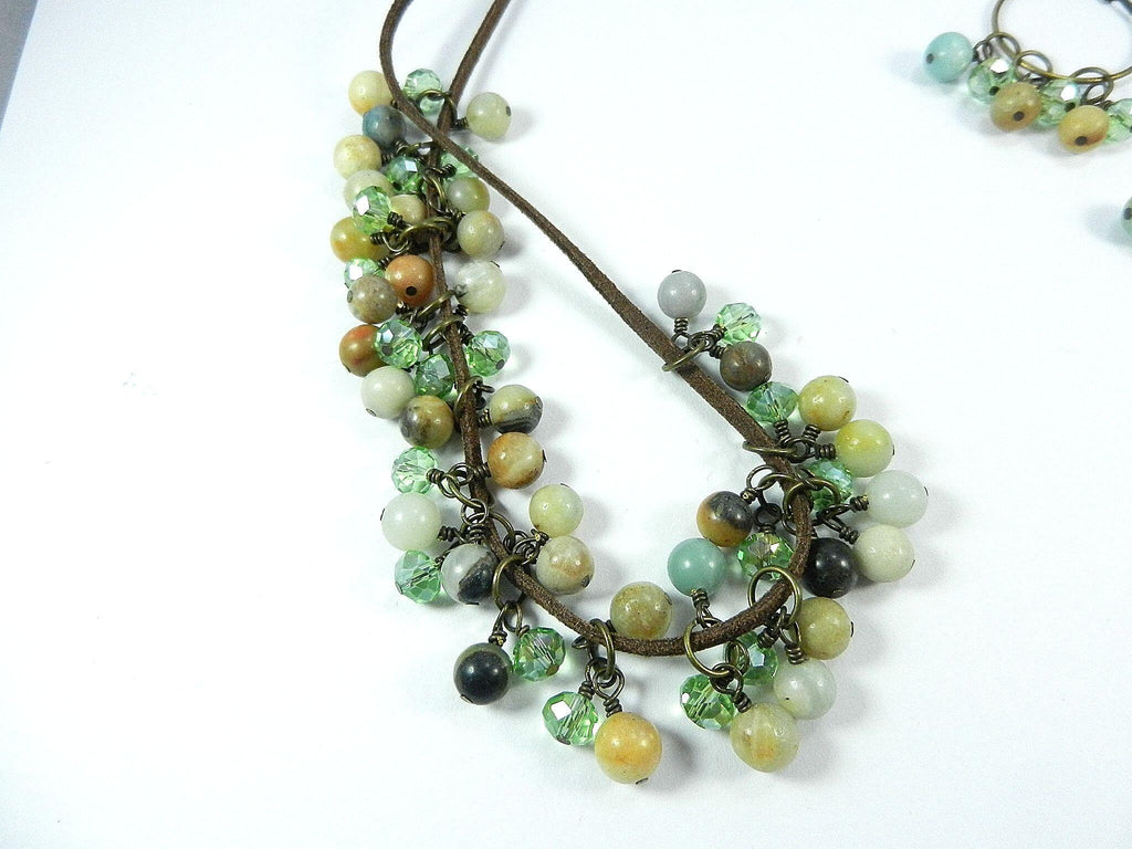 Brown Leather Necklace with Amazonite Gemstone Beads and Matching Earrings