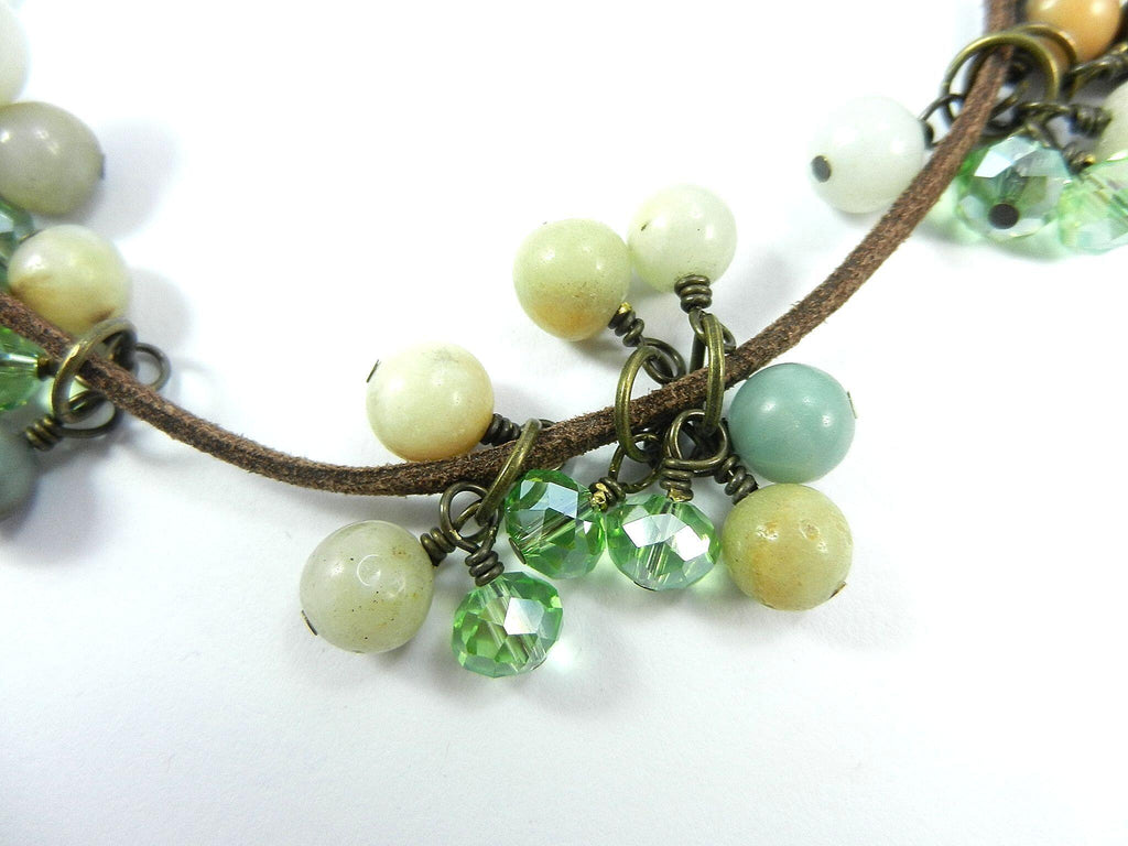 Brown Leather Necklace with Amazonite Gemstone Beads and Matching Earrings
