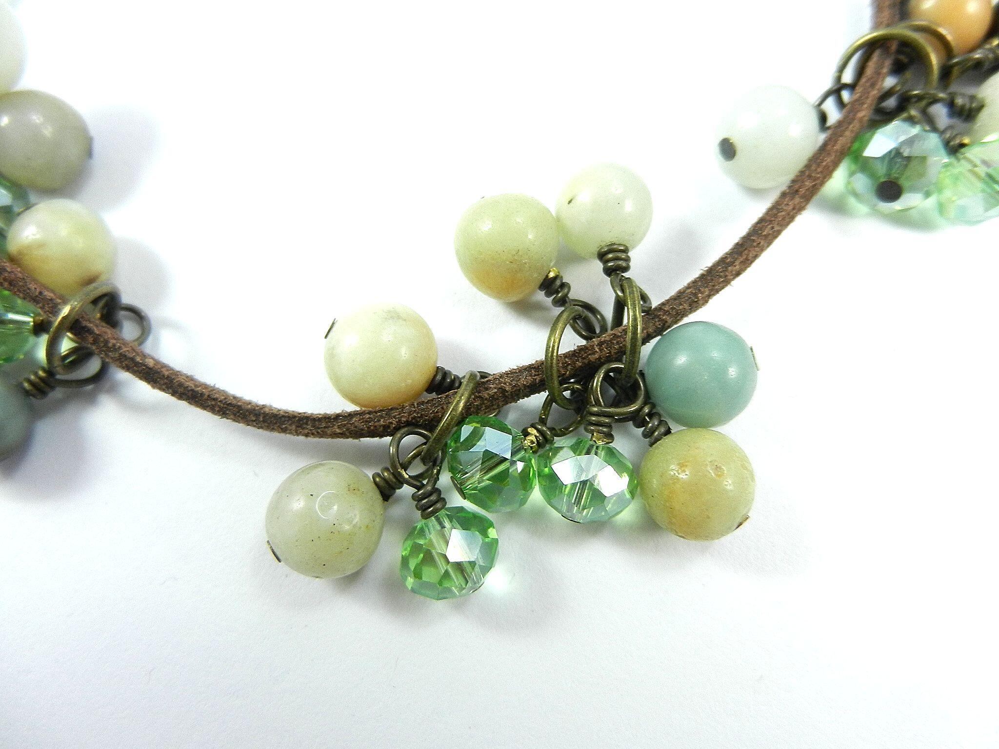 Brown Leather Necklace with Amazonite Gemstone Beads and Matching Earrings