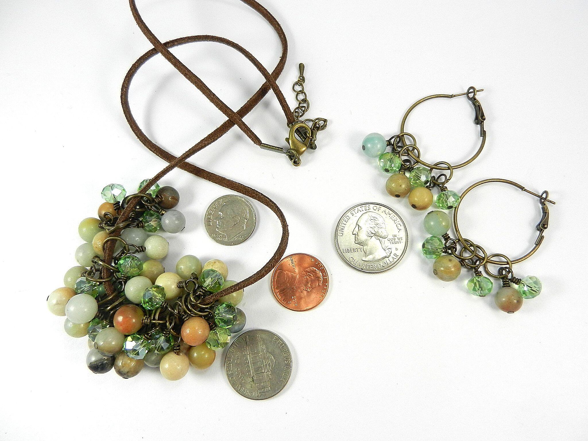 Brown Leather Necklace with Amazonite Gemstone Beads and Matching Earrings