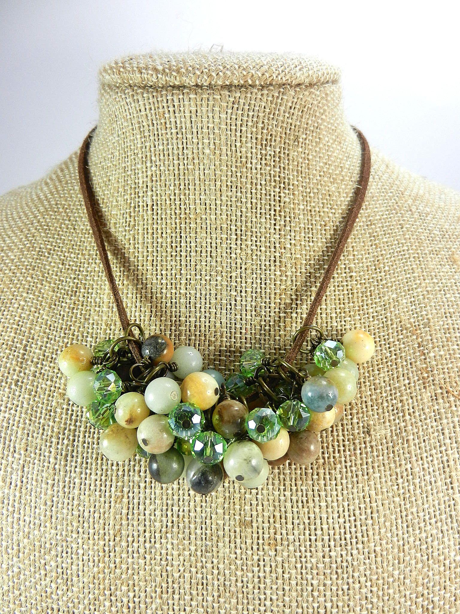 Brown Leather Necklace with Amazonite Gemstone Beads and Matching Earrings